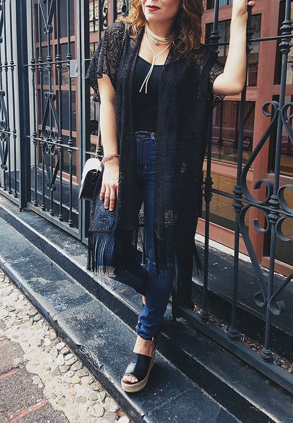 Kimono style in black, Guess Wedges and Hollister Denim, H&M Chocker