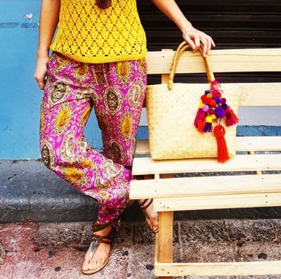 Crochet yellow top, Rhalp Lauren floral pants, Guess sandals